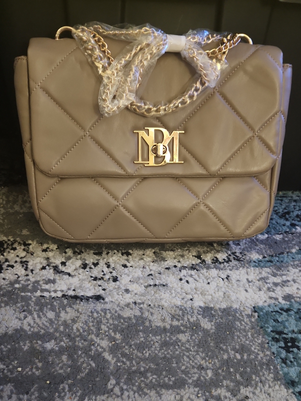Big Badgley Mischka Quilted Taupe Shoulder Bag with Gold Hardware